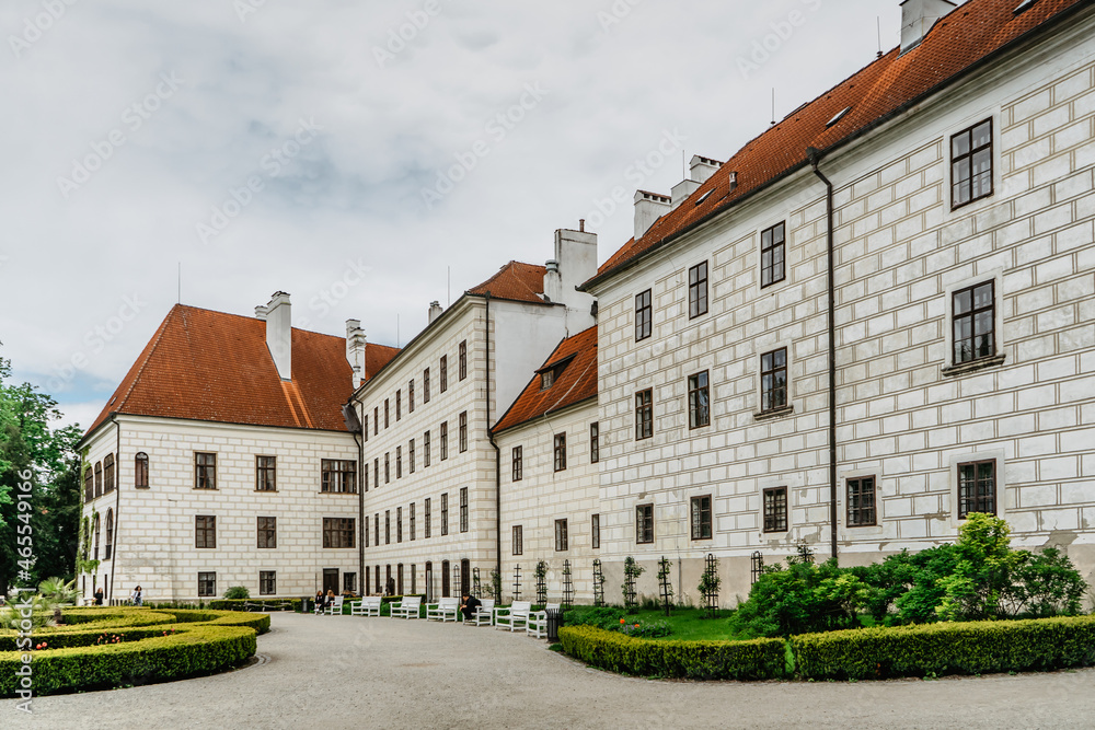 Trebon, Czech Republic.Renaissance chateau with baroque fountain surrounded by magnificent English style park.Castle in popular spa town,South Bohemia.National Cultural Monument.Spring sightseeing.