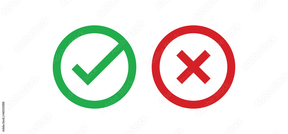 Cross and check mark icons, vector buttons. Checkmark tick and x. Cross and check mark icons, vector buttons. Checkmark tick and x.