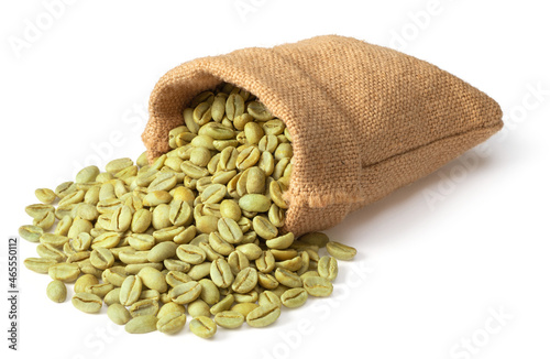 Green coffee beans in the sack, isolated on white background photo
