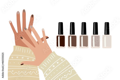 Brown manicure ideas. Female hands with nails of different colors and nail polish bottles. Manicure set. Concept of manicure and color choice flat vector illustration. Manicure equipment tools.