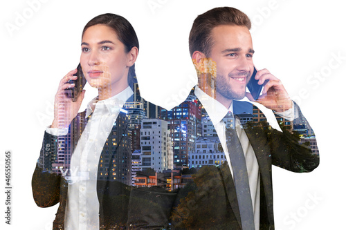 Attractive businesswoman and handsome businessman in suits talking phone. Asia corporate lifestyle, communication of diverse young professionals. Night Bangkok city view. Double exposure photo