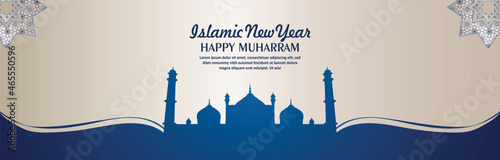 Islamic new year happy muharram banner or header with flat mosque