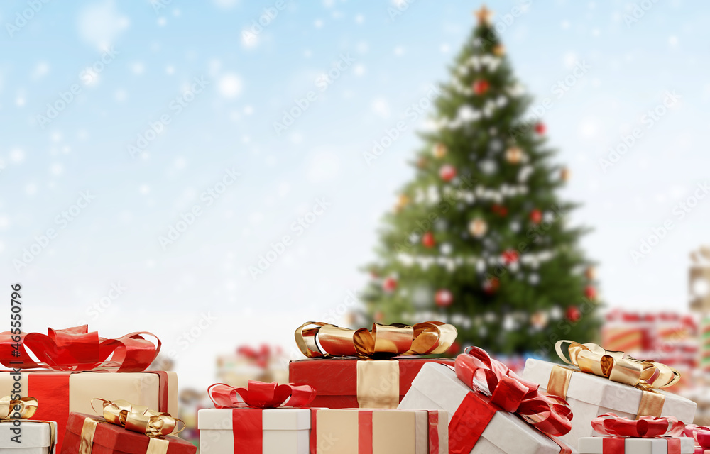 a green Christmas tree and Christmas presents and snow background 3d-illustration a green Christmas tree and Christmas presents and snow background 3d-illustration