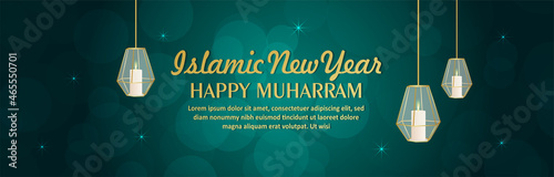 Happy muharram islamic new year vector illustration and background with creative candle lantern