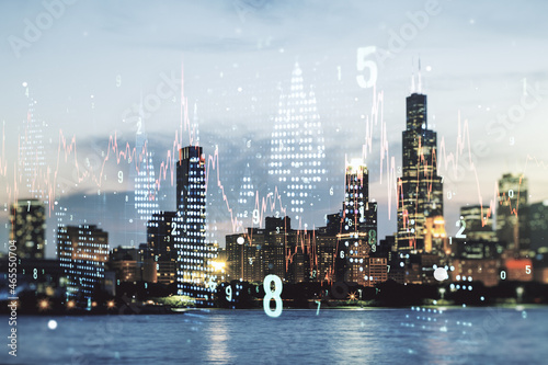 Abstract virtual financial graph hologram on Chicago cityscape background, financial and trading concept. Multiexposure © Pixels Hunter