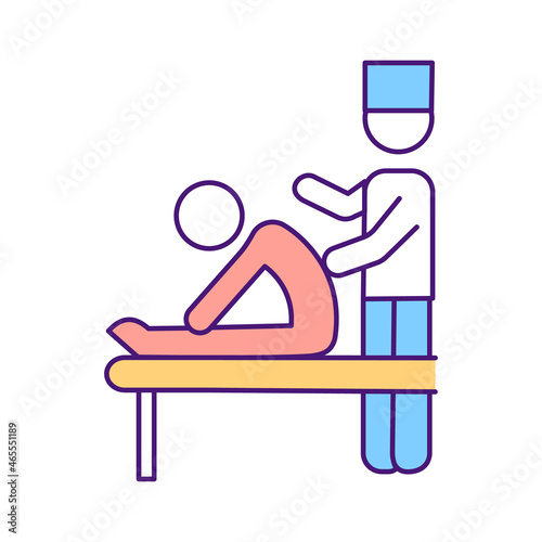 Professional physiotherapy RGB color icon. Exercising with physical practitioner overview. Hospital visit for body procedure. Isolated vector illustration. Simple filled line drawing