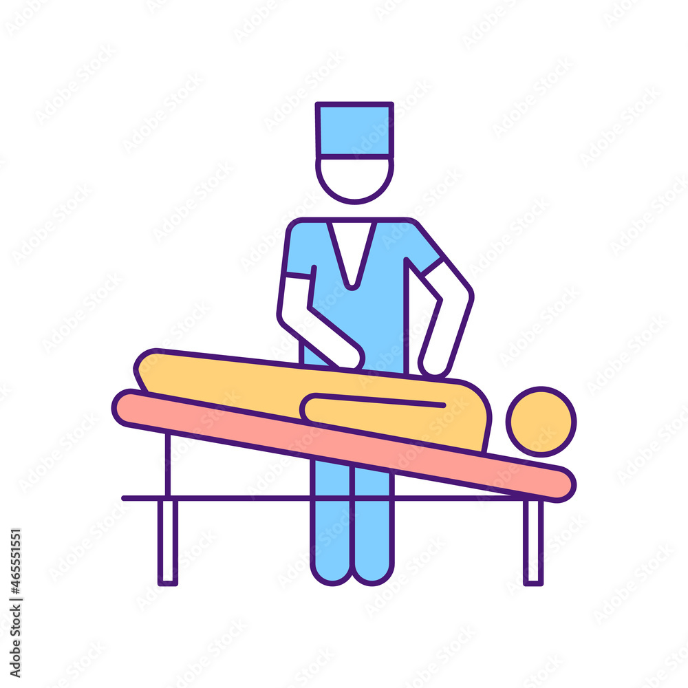 Physical rehabilitation RGB color icon. Professional physiotherapy. Treatment for body injury and pain relief. Patient in doctors clinic. Isolated vector illustration. Simple filled line drawing Physical rehabilitation RGB color icon. Professional physiotherapy. Treatment for body injury and pain relief. Patient in doctors clinic. Isolated vector illustration. Simple filled line drawing