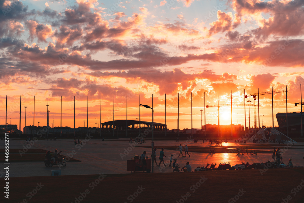 Sochi, Olympic park facilities buildings at sunset light