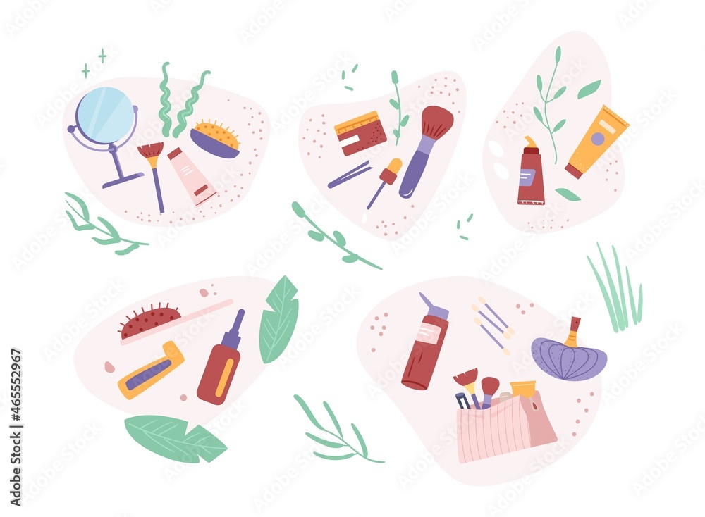 Beauty routine and skincare cosmetic products and accessories flat vector illustrations set. Beauty routine and skincare cosmetic products and accessories flat vector illustrations set.