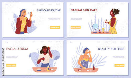 Beauty and skincare routine landing page templates set. Women applying cleansing and moisturizer cosmetic products.