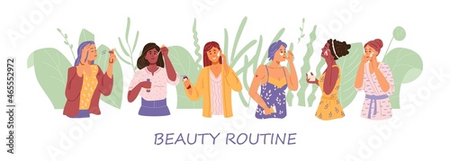 Skincare and beauty routine multyracial women vector banner. Women applying cleansing and moisturizer cosmetic products.