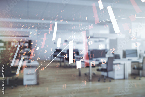 Wallpaper Mural Multi exposure of virtual creative financial chart hologram on modern corporate office background, research and analytics concept Torontodigital.ca