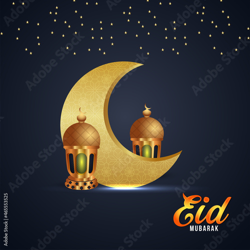 Eid mubarak vector illustration , Eid islamic festival greeting card with arabic golden lantern and moon