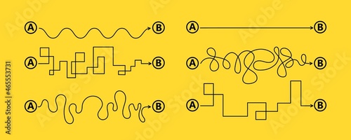 Set of difficult and easy simple way process from start to end. Vector card illustration with path to success outline art concept. The road from point a to point b. Right and wrong way with messy line