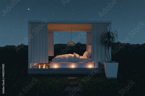 3d rendering of white patio roof with white bed outside at green meadow under starry night sky