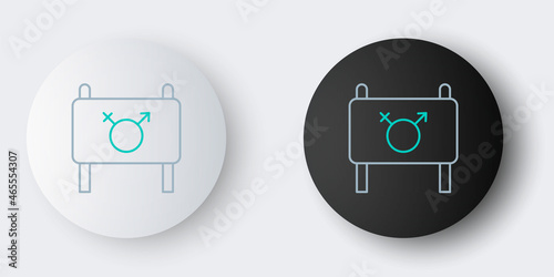 Line Female movement, feminist activist with banner and placards icon isolated on grey background. Feminist rights movement, feminism sisterhood. Colorful outline concept. Vector