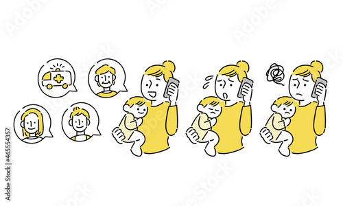 子供を抱っこしてスマホから電話をかける母親
