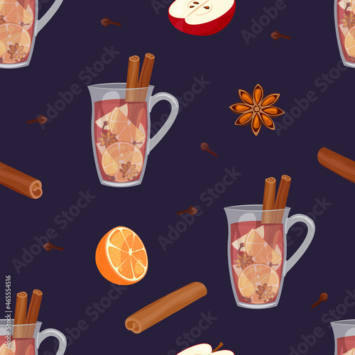 Mulled wine pattern. Seamless dark background with winter hot beverage ingredients. Vector illustration