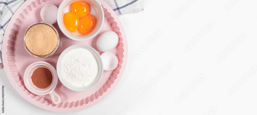 Baking homemade bread on white kitchen worktop with ingredients for cooking, culinary background, copy space, overhead view Baking homemade bread on white kitchen worktop with ingredients for cooking, culinary background, copy space, overhead view
