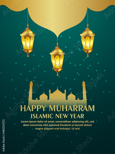 Happy muharram islamic new year with golden lantern on creative background