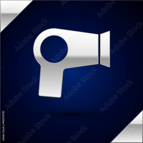 Silver Hair dryer icon isolated on dark blue background. Hairdryer sign. Hair drying symbol. Blowing hot air. Vector