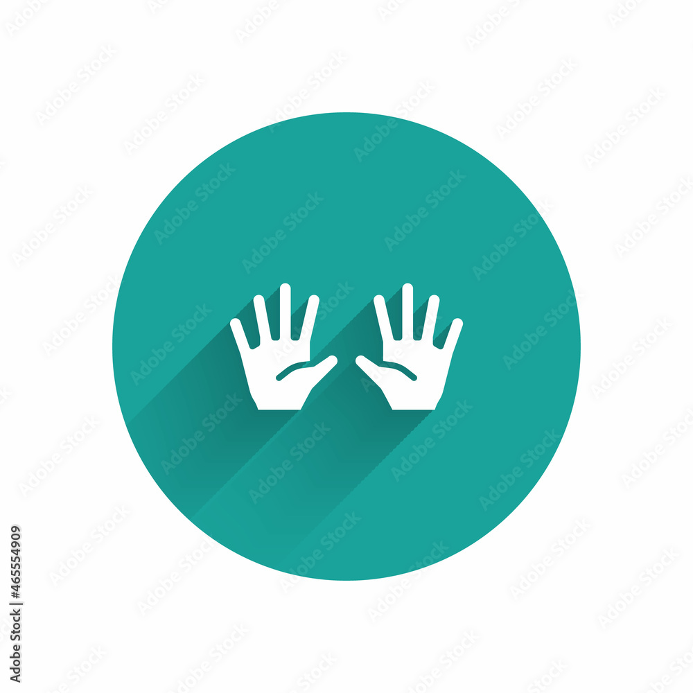 White Medical rubber gloves icon isolated with long shadow. Protective rubber gloves. Green circle button. Vector White Medical rubber gloves icon isolated with long shadow. Protective rubber gloves. Green circle button. Vector