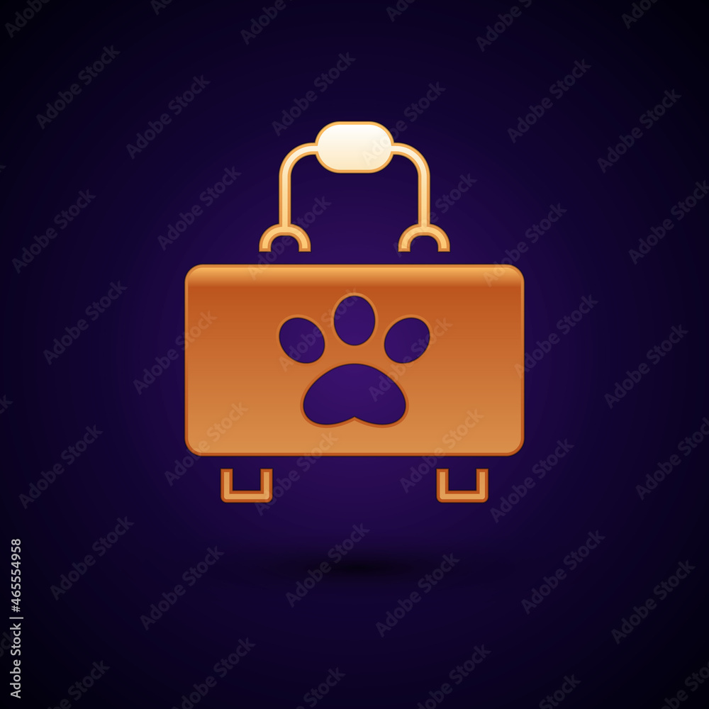 Fototapeta premium Gold Pet first aid kit icon isolated on black background. Dog or cat paw print. Clinic box. Vector