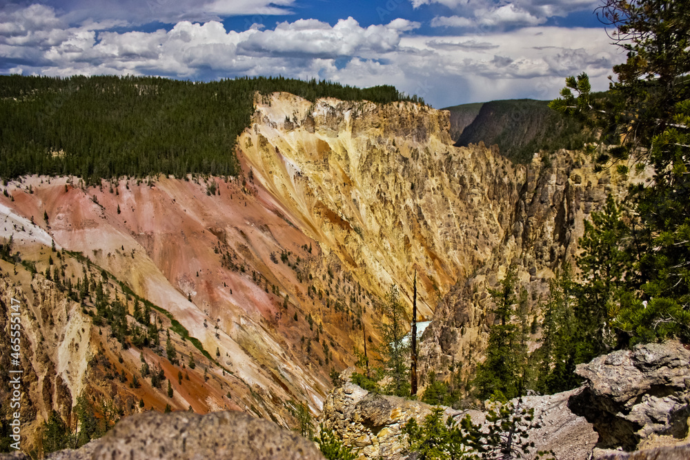 Colorful walls of Yellowstone river canyon in first national park on the world
