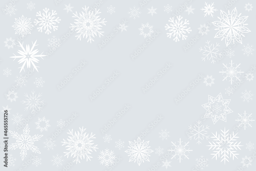Winter vector background, white snowflakes frame on light gray, Christmas design template, copy space Winter vector background, white snowflakes frame on light gray, Christmas design template, copy space