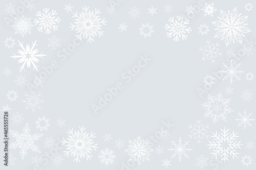 Winter vector background, white snowflakes frame on light gray, Christmas design template, copy space