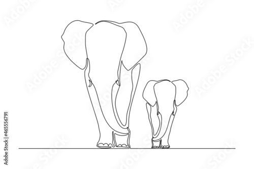 Continuous line of baby elephant and mom. Single one line art parent elephant and kids vector illustration