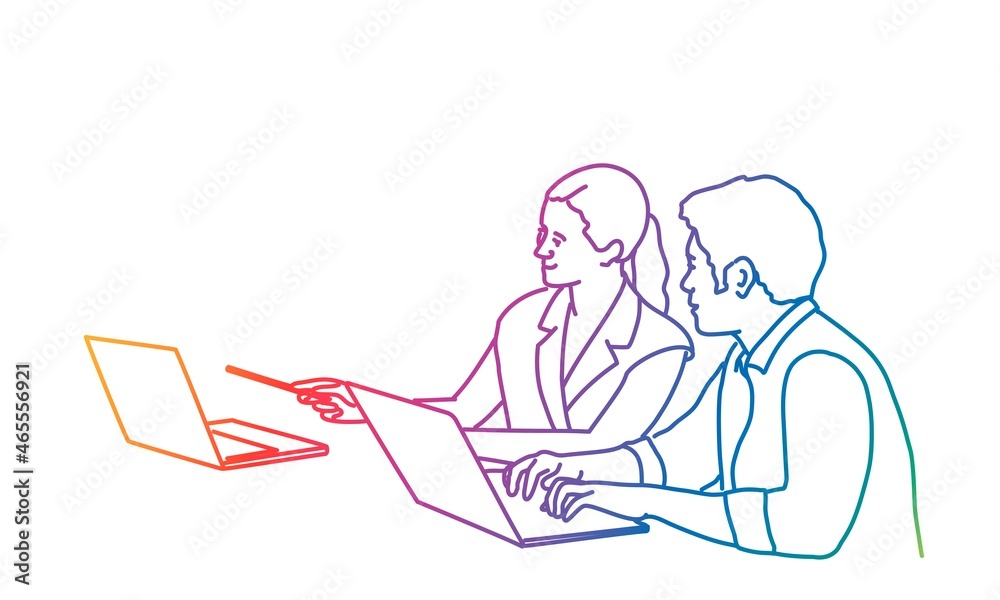 Man writing while sitting in his office. Woman points with pen to laptop. Man writing while sitting in his office. Woman points with pen to laptop.