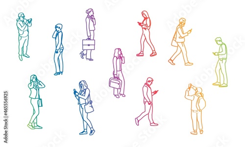 Set of young men and women holding smartphones and texting, talking, taking selfie.
