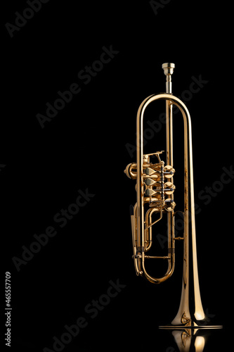 A gold plated rotary trumpet on a reflective surface. A brass instrument common in classical music.