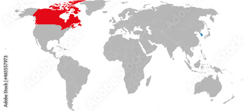Canada, South korea countries isolated on world map. Business concepts and backgrounds.