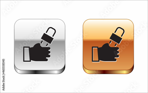 Black Journalist hand holding microphones performing interview icon isolated on white background. Silver and gold square buttons. Vector