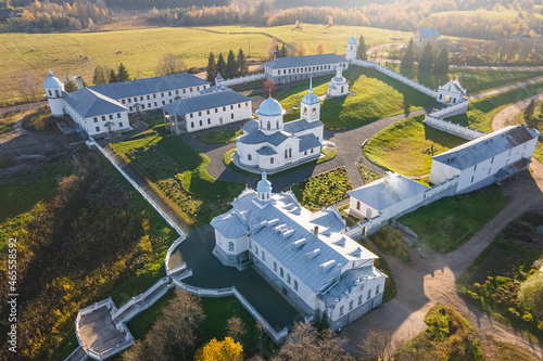 The Pokrov-Tervenichesky Monastery is an Orthodox convent of the Tikhvin diocese of the Russian Orthodox Church. In village of Tervenichi, Lodeynopolsky district, Leningrad region. Photo from the air. photo