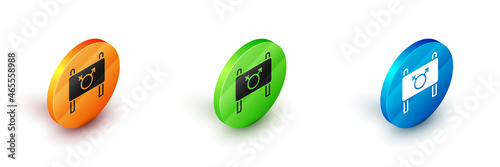 Isometric Female movement, feminist activist with banner and placards icon isolated on white background. Feminist rights movement, feminism sisterhood. Circle button. Vector