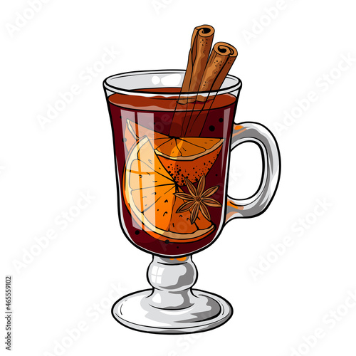 Mulled wine, hot Christmas drink with orange and spices. Vector illustration isolated on white background