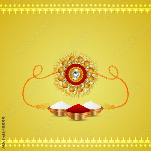 Happy raksha bandhan celebration greeting card with creative realistic rakhi and pooja thali with kumkum, rice