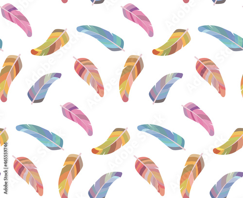 Seamless pattern with colored cartoon feathers of wild birds vector illustration. Perfect for backgrounds, textures, textiles, prints, wallpapers and wrapping paper.