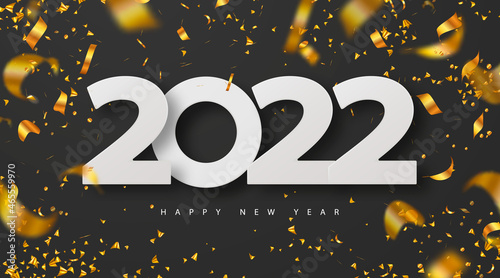 2022 Happy New Year background with white Numeral and flying golden serpentine. Festive template for holiday,banner,poster. Vector illustration.