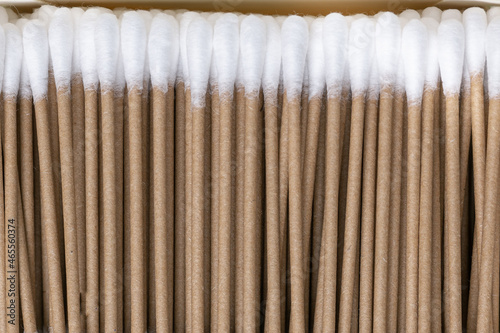 Flat lay of cotton buds from cotton and cane  eco friendly concept of zero waste hygiene products