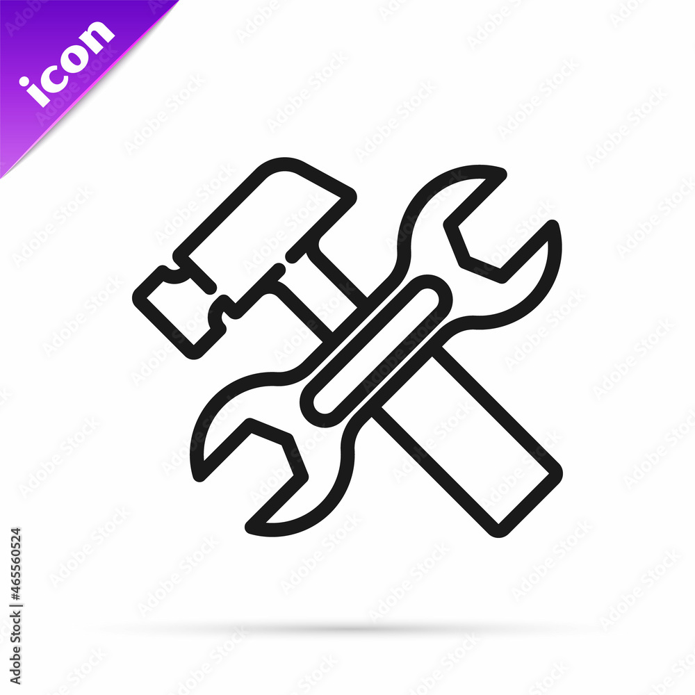 Black line Crossed hammer and wrench spanner icon isolated on white background. Hardware tools. Vector Black line Crossed hammer and wrench spanner icon isolated on white background. Hardware tools. Vector