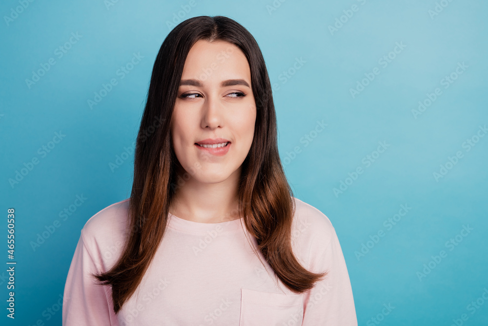 Obraz premium Close up photo lady cute look side empty space bite lip dream yummy hungry isolated teal color background