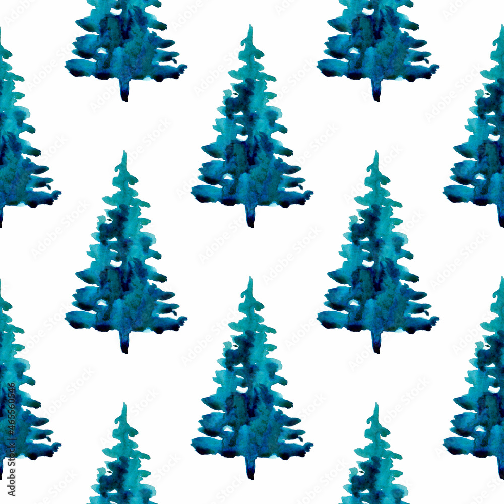 XMAS watercolor Pine Tree Seamless Pattern in Blue Color. Hand Painted fir tree background or wallpaper for Ornament, Wrapping or Christmas Gift XMAS watercolor Pine Tree Seamless Pattern in Blue Color. Hand Painted fir tree background or wallpaper for Ornament, Wrapping or Christmas Gift