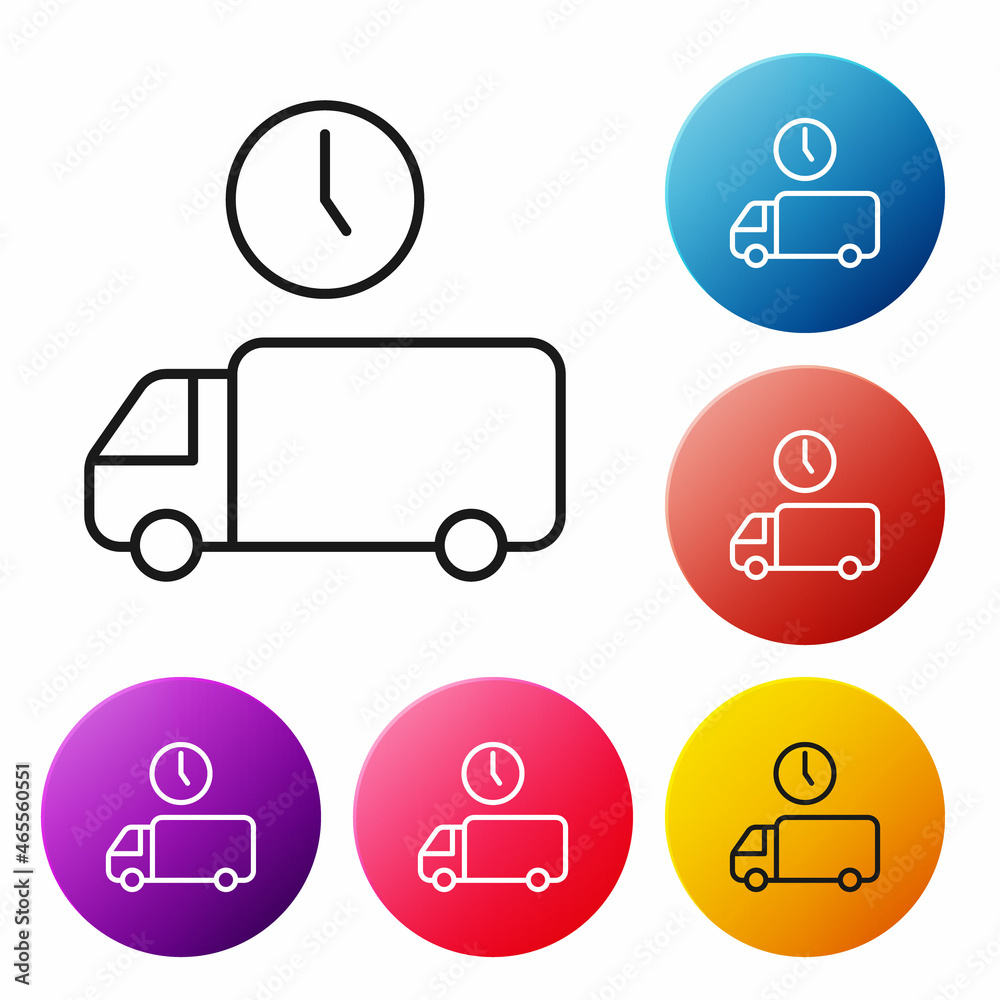 Black line Logistics delivery truck and time icon isolated on white background. Delivery time icon. Set icons colorful circle buttons. Vector Black line Logistics delivery truck and time icon isolated on white background. Delivery time icon. Set icons colorful circle buttons. Vector