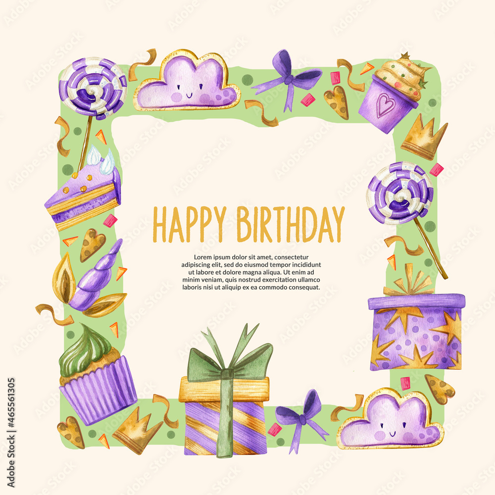 Naklejka premium Watercolor square frame for childrens birthday. With gifts, cupcakes, gingerbread, candy, crown. Hand drawing watercolor cute children’s greeting card.
