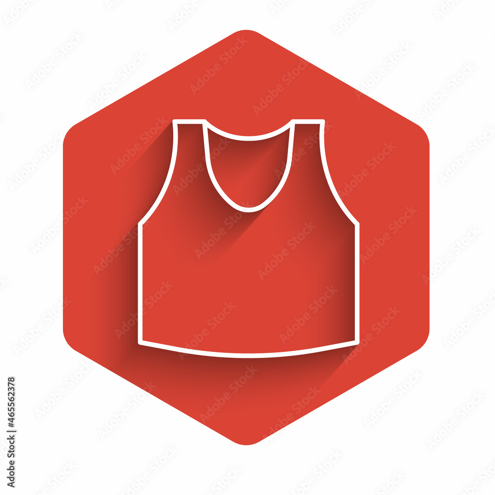 White line Undershirt icon isolated with long shadow background. Red hexagon button. Vector White line Undershirt icon isolated with long shadow background. Red hexagon button. Vector