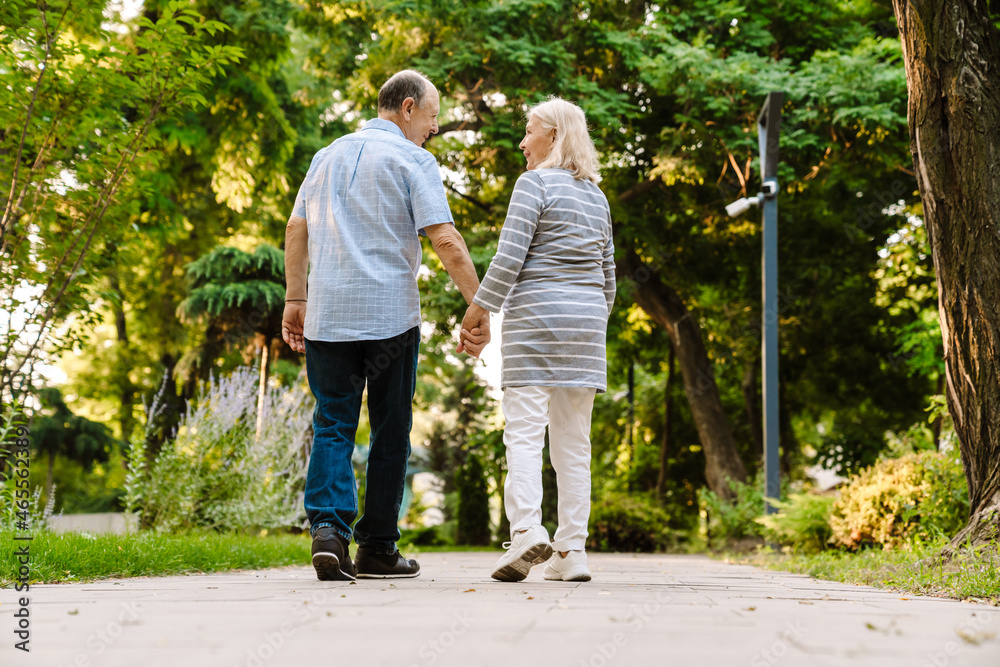 Obraz premium White senior couple holding hands and smiling while walking in park
